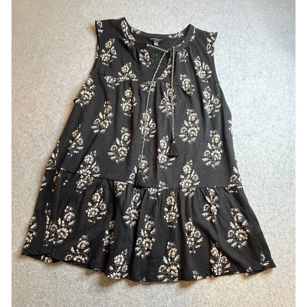 Lucky Brand Womens XS Black Floral Tassel Babydoll Sleeveless Tunic Top Peplum